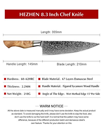 HEZHEN cuchillo de Chef profesional de acero de Damasco de 21cm, cuchillo de cocina VG10 cuchillo Gyuto cuchillo de sushi, adecuado para restaurantes familiares Figured Sycamore Wood Handle