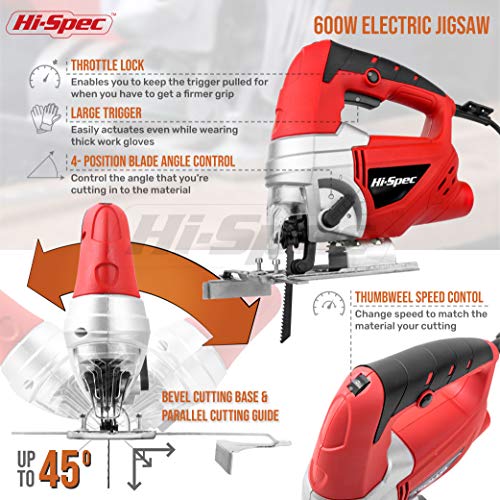 Hi-Spec Sierra de Calar Caladora Eléctrica 600W, Control de velocidad variable, 10 Hojas de Recambio para Serrar y Cortar Metal Madera Plásticos