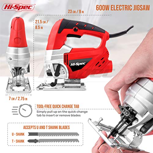 Hi-Spec Sierra de Calar Caladora Eléctrica 600W, Control de velocidad variable, 10 Hojas de Recambio para Serrar y Cortar Metal Madera Plásticos
