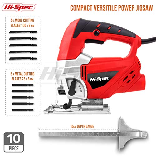 Hi-Spec Sierra de Calar Caladora Eléctrica 600W, Control de velocidad variable, 10 Hojas de Recambio para Serrar y Cortar Metal Madera Plásticos