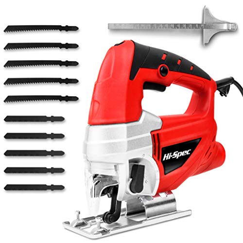 Hi-Spec Sierra de Calar Caladora Eléctrica 600W, Control de velocidad variable, 10 Hojas de Recambio para Serrar y Cortar Metal Madera Plásticos