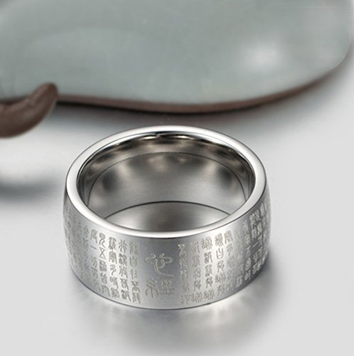 HIJONES Hombre Budista Mantra Corazón Sutra 10 Mm Ancho Anillo De Acero Inoxidable Banda, Sello De Escritura China Estilo Plata Tamaño 19