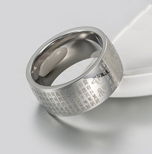 HIJONES Hombre Budista Mantra Corazón Sutra 10 Mm Ancho Anillo De Acero Inoxidable Banda, Sello De Escritura China Estilo Plata Tamaño 19