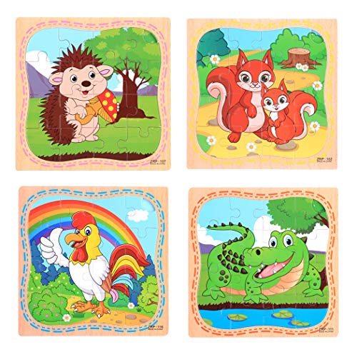 Hillento Rompecabezas de Madera Rompecabezas para niños pequeños niños - Juguetes educativos de Aprendizaje Seguro para los niños, Juego de 4 (Gallo, el cocodrilo, Ardilla, Erizo)