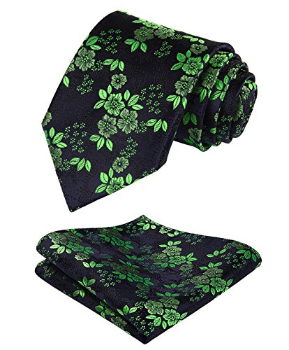 HISDERN Panuelo de corbata de Paisley floral extra largo Conjunto de corbata para hombre y panuelo de bolsillo (verde y azul oscuro)