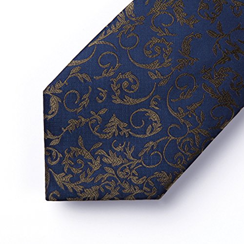 HISDERN Panuelo de lazo de boda Paisley floral Panuelo de corbata de hombre y conjunto de bolsillo cuadrado Azul marino/Marron
