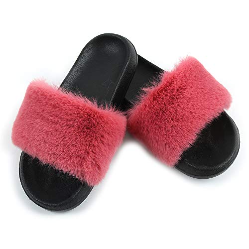 Hiser Zapatillas para Mujer, Puntera Abierta Peludas Pantuflas, Piel Sintética Zapatillas de Mujer, Antideslizante Zapato - Interiores y Exteriores (Melon Rojo,EU44-45/290)