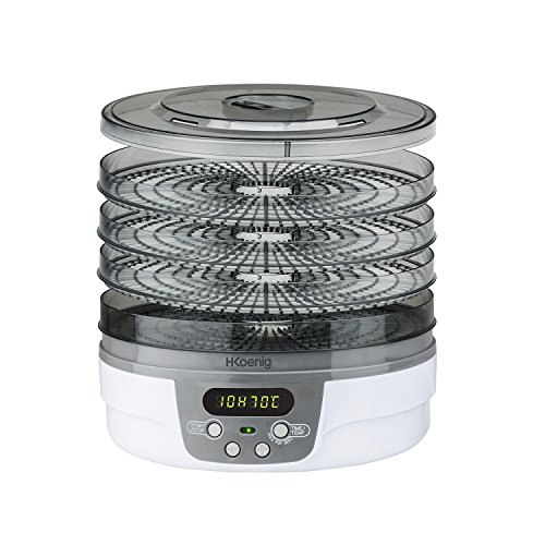 H.Koenig Deshidratador de Alimentos, 250 W, 5 Bandejas Extraíbles, Termostato Ajustable, Temporizador hasta 48 Horas, Blanco DSY700, Plástico