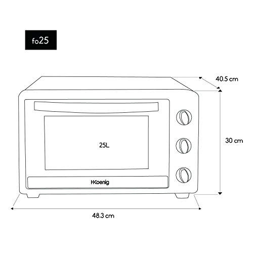 H.Koenig FO25 Electrico Sobremesa, Horno Encimera, Capacidad de 25 litros, 1500 W, 4 Modos, Temperatura hasta 230ºC, Tiempo hasta 60 Mins, Termostato, Acero Inoxidable, Negro