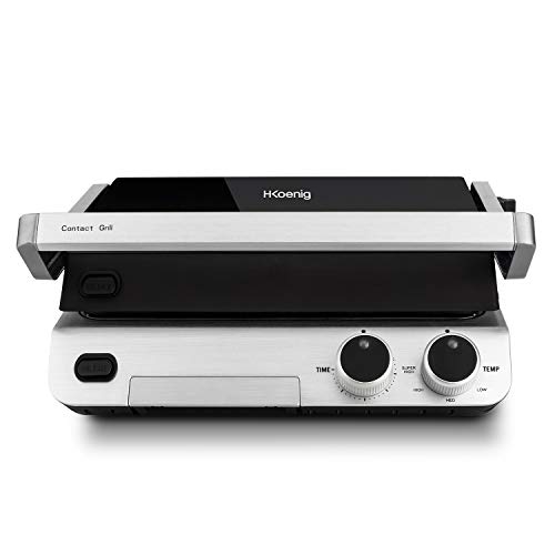 H.Koenig Panini Grill, Parrilla Eléctrica, Plancha y Sandwichera 2000 W, 30 x 25 cm, Regulador de Temperatura, Apertura 180º, Acero Inoxidable, Plástico, Negro/Gris, H.Koenig_GR70, XL