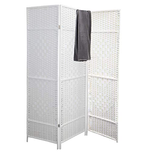 Hogar y Mas Biombo Blanco Bambú Natural 180 cm, Biombo Separador de Ambientes/Vestidor. 3 Paneles 180x135 cm