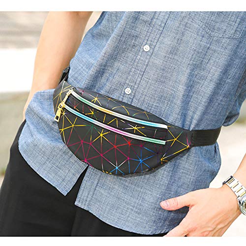 Holográficos Bags Riñonera Running Impermeable con 3 Bolsillos de Cremallera Cinturón Festival de Neón Brillante Ciclismo Camina el Perro Viajes Camping Deportes (Color Negro)