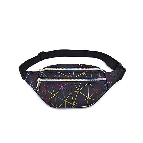 Holográficos Bags Riñonera Running Impermeable con 3 Bolsillos de Cremallera Cinturón Festival de Neón Brillante Ciclismo Camina el Perro Viajes Camping Deportes (Color Negro)