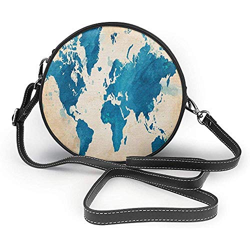 Hombro con césped PU bolso redondo mapa Mapa del mundo artístico de la vendimia con la acuarela Pinceladas En Viejo Telón de fondo de impresión Armada arena Crossbody Bolsa