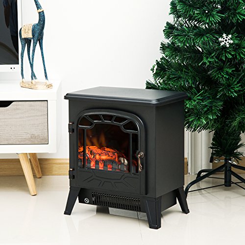 HOMCOM Chimenea Eléctrica Estufa Calefactor Eléctrica con Termostato Brillo Temperatura Ajustable 900W/1800W Efecto Leña Ardiendo 36x25.5x41.5cm Acero