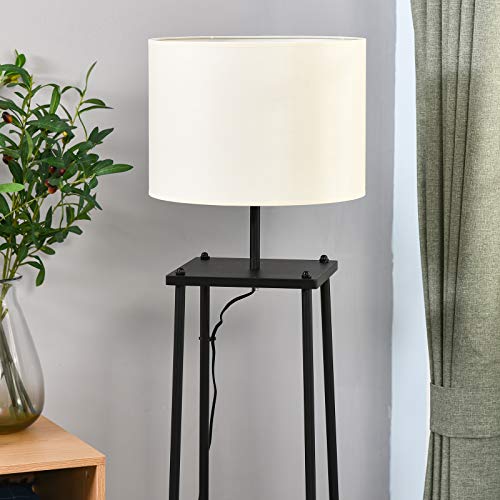 HOMCOM Lámpara de Pie Iluminación Moderna Multifuncional con 3 Estantes de Almacenaje Interruptor de Pedal Diseño Elegante Pantalla de Tela 34,5x34,5x150 cm Negro y Crema