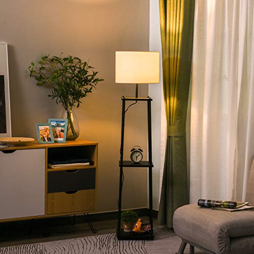 HOMCOM Lámpara de Pie Iluminación Moderna Multifuncional con 3 Estantes de Almacenaje Interruptor de Pedal Diseño Elegante Pantalla de Tela 34,5x34,5x150 cm Negro y Crema