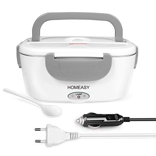 homeasy Fiambrera Eléctrica 2 en 1, Calentadores Eléctricos Portátiles para Coche y Trabajo 220V & 12V, 1.5L Termo para Comida de Acero Inoxidable, Pefecto para el Hogar,Camping y Oficina(Gris)