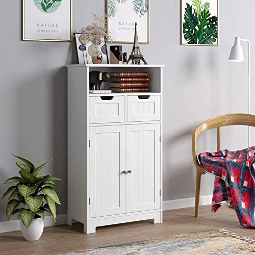 HOMECHO Armario de Baño para Almacenamiento Gabinete de de Suelo con 2 Cajónes y 2 Puertas para Baño Cocina Dormitorio Salón 60 x 30 x 110 cm