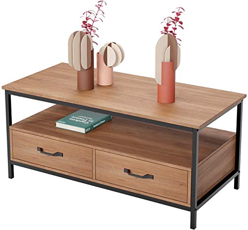 HOMECHO Mesa de Centro Industrial con 2 Cajones Mesa de Café Grante con Estante para Salón Dormitorio Oficina Marrón Claro 106 x 50 x 48 cm