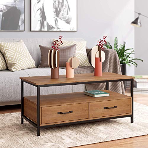 HOMECHO Mesa de Centro Industrial con 2 Cajones Mesa de Café Grante con Estante para Salón Dormitorio Oficina Marrón Claro 106 x 50 x 48 cm