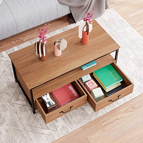 HOMECHO Mesa de Centro Industrial con 2 Cajones Mesa de Café Grante con Estante para Salón Dormitorio Oficina Marrón Claro 106 x 50 x 48 cm