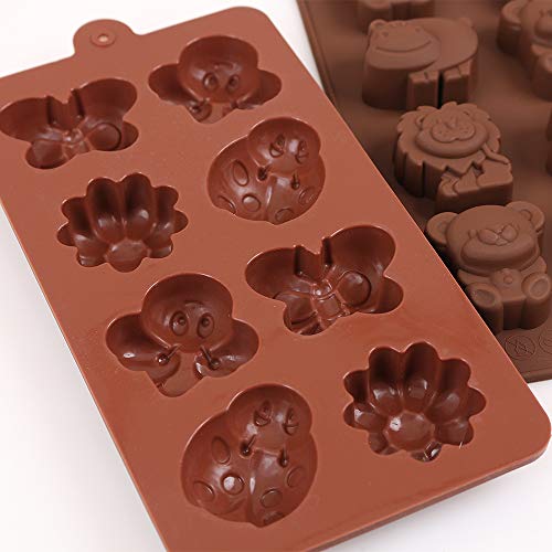 homEdge Molde de silicona para chocolate, insectos forestales y animales con hipopótamo, león, mariposa, abeja, mariquita para dulces, gelatina-4 piezas