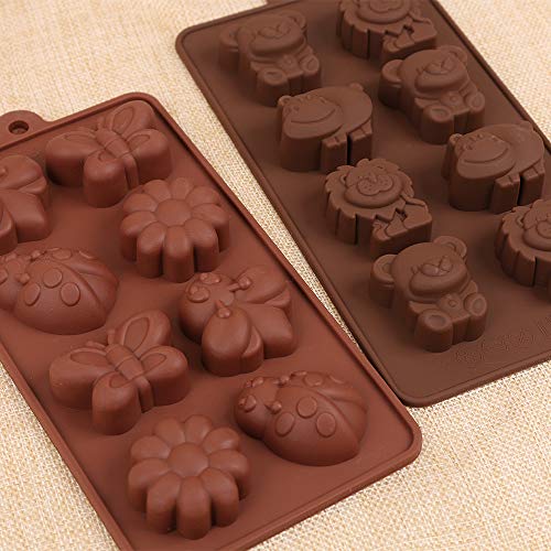 homEdge Molde de silicona para chocolate, insectos forestales y animales con hipopótamo, león, mariposa, abeja, mariquita para dulces, gelatina-4 piezas