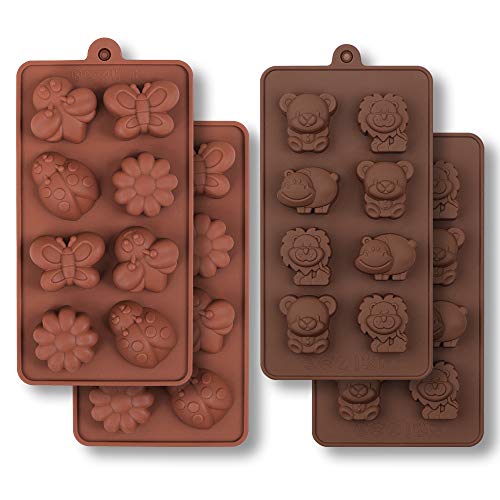 homEdge Molde de silicona para chocolate, insectos forestales y animales con hipopótamo, león, mariposa, abeja, mariquita para dulces, gelatina-4 piezas