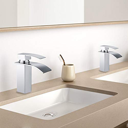 HOMELODY Grifo de Lavabo Cascada para Baño Grifo Monomando Cuadrado Grifo de Cuenca Mezclador Agua Fría y Caliente Ahorro de Agua Cromo-Plateado