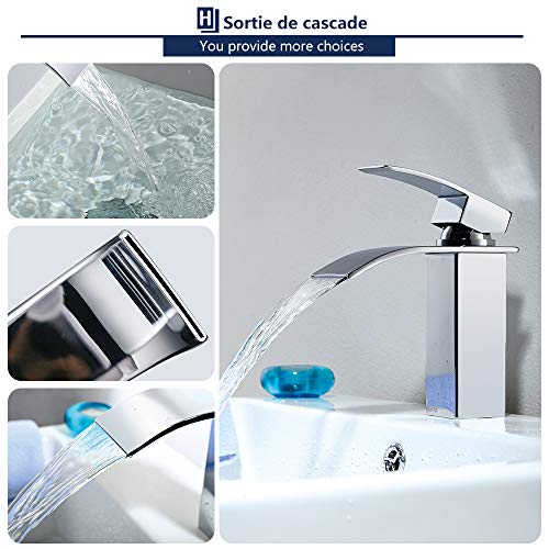 HOMELODY Grifo de Lavabo Cascada para Baño Grifo Monomando Cuadrado Grifo de Cuenca Mezclador Agua Fría y Caliente Ahorro de Agua Cromo-Plateado