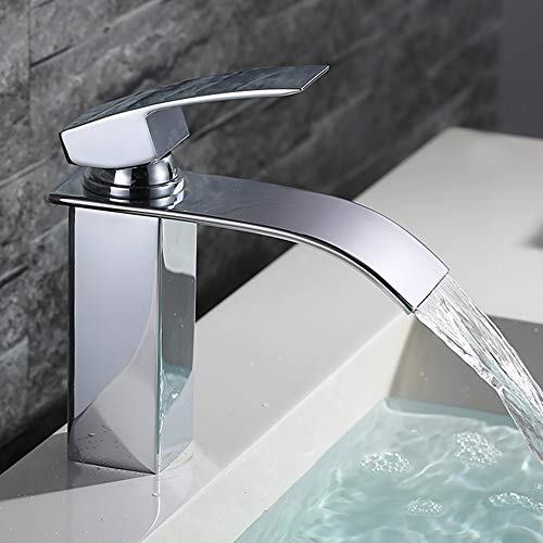 HOMELODY Grifo de Lavabo Cascada para Baño Grifo Monomando Cuadrado Grifo de Cuenca Mezclador Agua Fría y Caliente Ahorro de Agua Cromo-Plateado