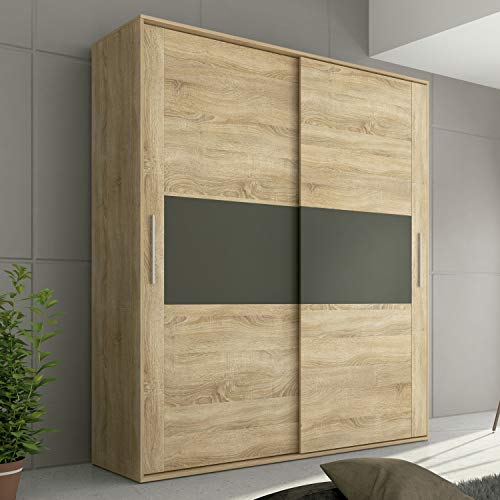 HomeSouth - Armario 2 Puertas Correderas para Dormitorio y Habitación, Modelo Priego Acabado en Color Cambria y Grafito, Medidas: 180 cm (Largo) x 207,6 cm (Alto) x 55 cm (Fondo)