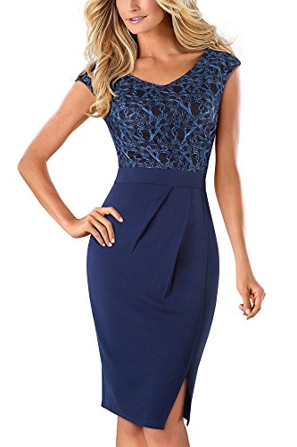 HOMEYEE Elegante con Cuello en V sin Mangas Floral Bordado Partido hasta la Rodilla Bodycon Vestido de cóctel B431(EU 36 = Size S,Azul Oscuro)