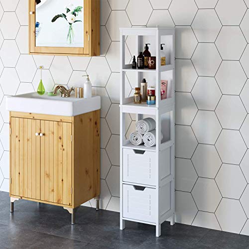 Homfa Armario Baño Alto Mueble Baño Estrecho Armario Almacenaje de Suelo con 3 Estantes y 2 Cajones Blanco 30x30x145cm