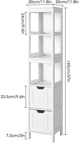 Homfa Armario Baño Alto Mueble Baño Estrecho Armario Almacenaje de Suelo con 3 Estantes y 2 Cajones Blanco 30x30x145cm