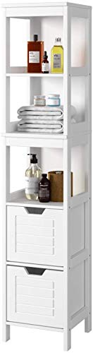 Homfa Armario Baño Alto Mueble Baño Estrecho Armario Almacenaje de Suelo con 3 Estantes y 2 Cajones Blanco 30x30x145cm