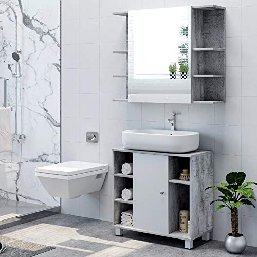 Homfa Armario Baño con Espejo Armario de Pared Armario Cocina Colgante con 1 Puerta 8 Compartimentos Gris 80x19x80cm