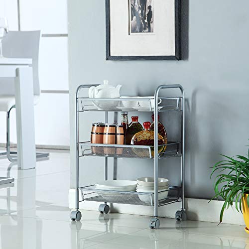 HOMFA Carrito Auxiliar con Ruedas y 3 Bandejas de Malla Metálica para Cocina Baño salón Plata 45x27x63cm
