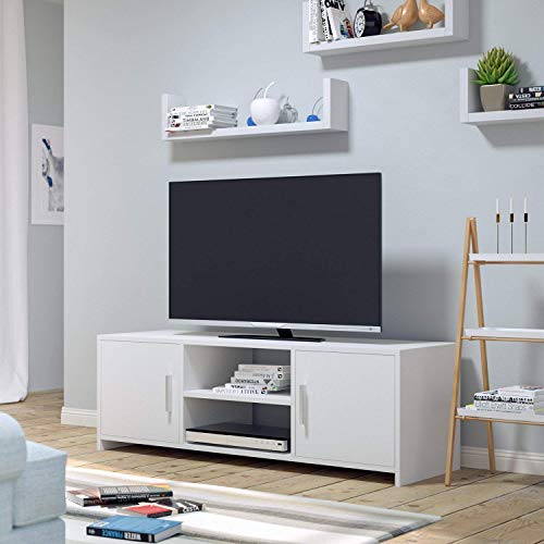 Homfa Mueble TV Salón Mesa para TV Mesa Baja para Televisor Receptor Reproductor DVDcon 2 Puertas 1 Estante Blanco 110x35x36cm