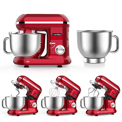 Homlee Batidora Amasadora Repostería,Amasadora de pan Capacidad de 5,5 litros, 6 velocidades,1090W (Rojo)