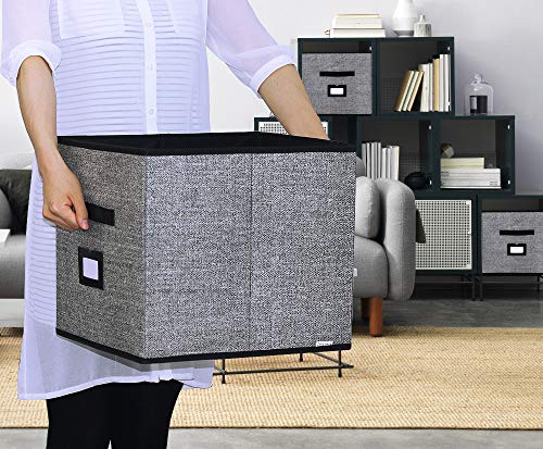 homyfort Caja de Almacenaje Set de 4 Cajas de Juguetes, Caja de Tela para Almacenaje con Cuero maneja y Etiqueta, 33 x 38 x 33 cm, Negro Lino, XABXL04PLP