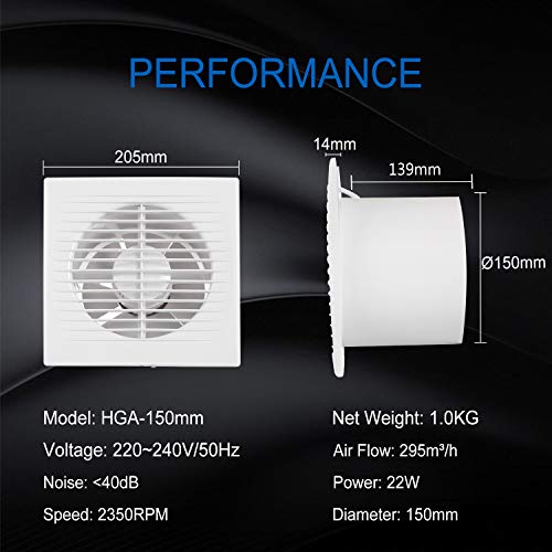 Hon&Guan Extractor de Aire Silencioso 150mm - 295m³/h Bajo Consumo Ventilador de Baño para Sótano, Garaje