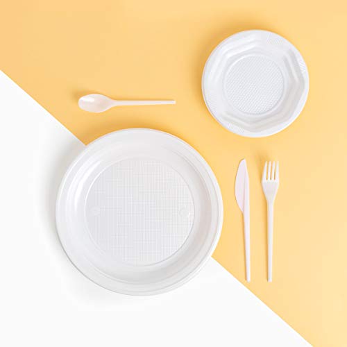 Horeca Collection - Pack de Fiesta Ahorro 500 Piezas - Platos 22cm, Platos Postre 14 cm, cucharitas, Cuchillos y tenerdor Blancos Desechables de Plástico reciclable