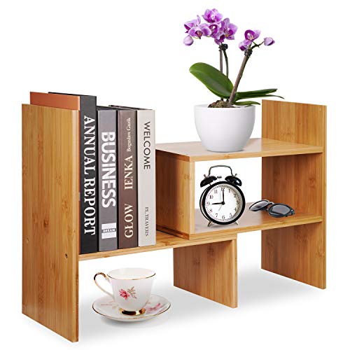 Hoseejoy Estantería de madera natural ajustable para escritorio 13 '' - 24''x6.7''x13.8 '' Bambú