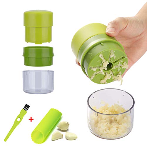 HOTLIKE Prensa Ajos, Juego de 3 Piezas Prensa de Ajo con Pelador de Ajo de Silicona y Cepillo Limpiador, Chopper de Ajo, Mincer Press Presador Triturador de Nogal, Jengibre, Utensilio de Cocina