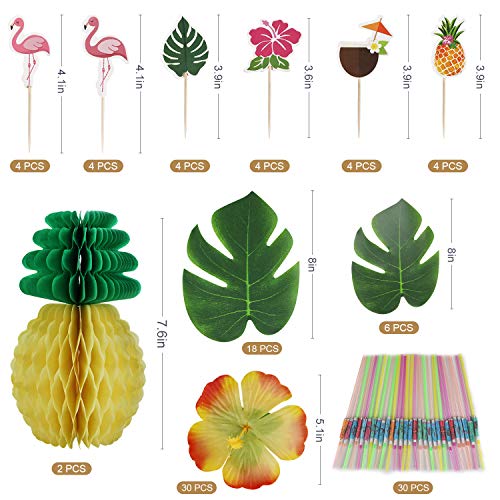 Howaf 111 Piezas Decoracion Fiesta Hawaiana Tropical con Hojas de Palmera, Flores de Hibisco, Piñas de Papel, Toppers de Magdalena, Pajitas de Paraguas 3D para Decoraciones de Hawaiana Luau Fiesta