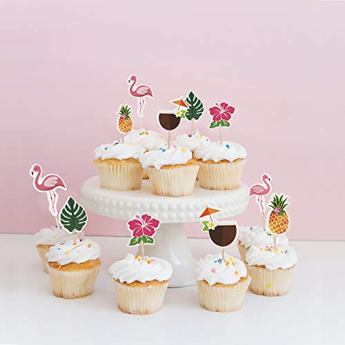 Howaf 111 Piezas Decoracion Fiesta Hawaiana Tropical con Hojas de Palmera, Flores de Hibisco, Piñas de Papel, Toppers de Magdalena, Pajitas de Paraguas 3D para Decoraciones de Hawaiana Luau Fiesta