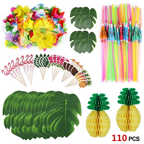 Howaf 111 Piezas Decoracion Fiesta Hawaiana Tropical con Hojas de Palmera, Flores de Hibisco, Piñas de Papel, Toppers de Magdalena, Pajitas de Paraguas 3D para Decoraciones de Hawaiana Luau Fiesta