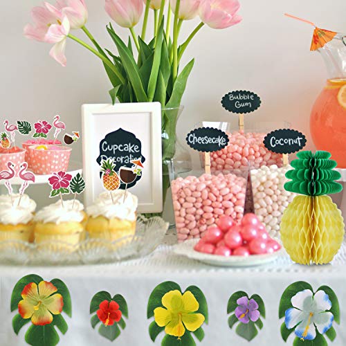 Howaf 111 Piezas Decoracion Fiesta Hawaiana Tropical con Hojas de Palmera, Flores de Hibisco, Piñas de Papel, Toppers de Magdalena, Pajitas de Paraguas 3D para Decoraciones de Hawaiana Luau Fiesta